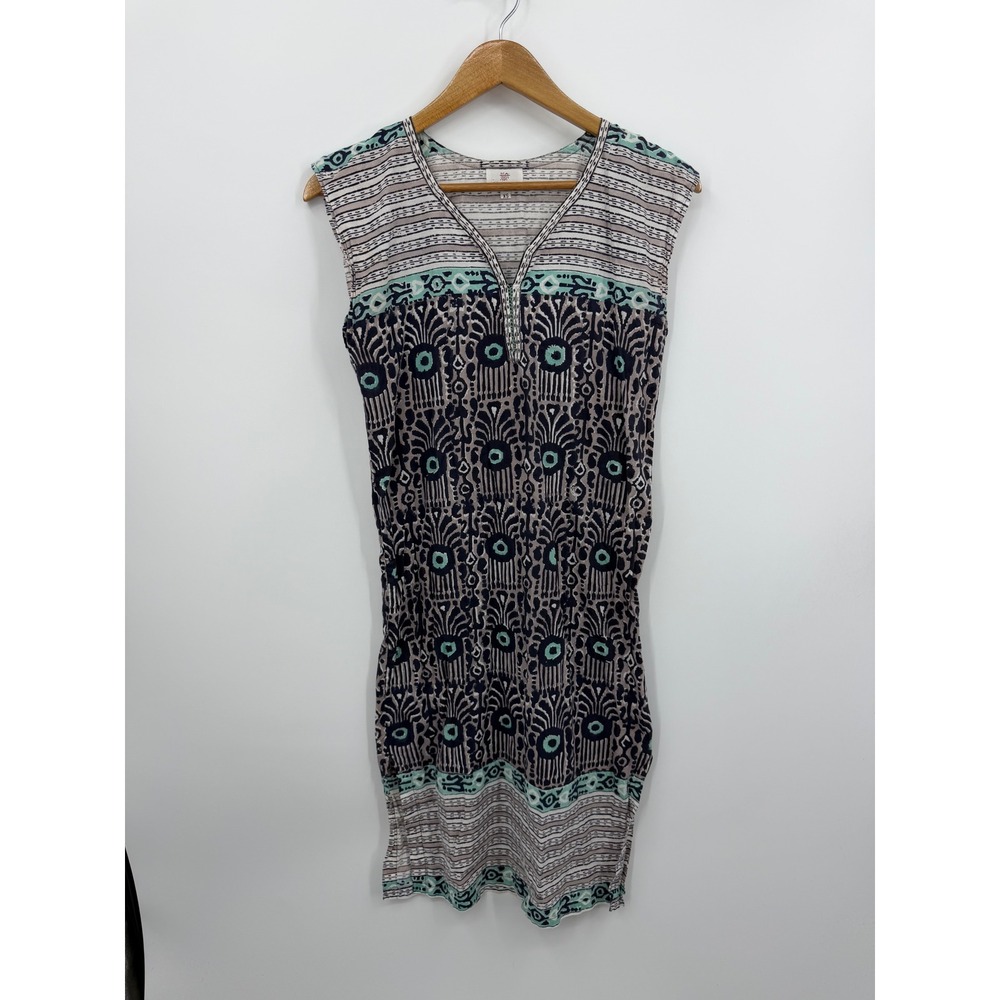Anokhi Block Print Shift Dress Womens XS Blue Multi 100% Cotton Sleeveless Boho